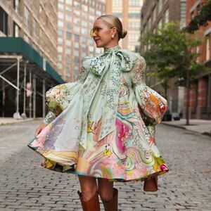 Zimmerman concert neck tie long sleeve linen mini dress. Pastel stars print. EUC